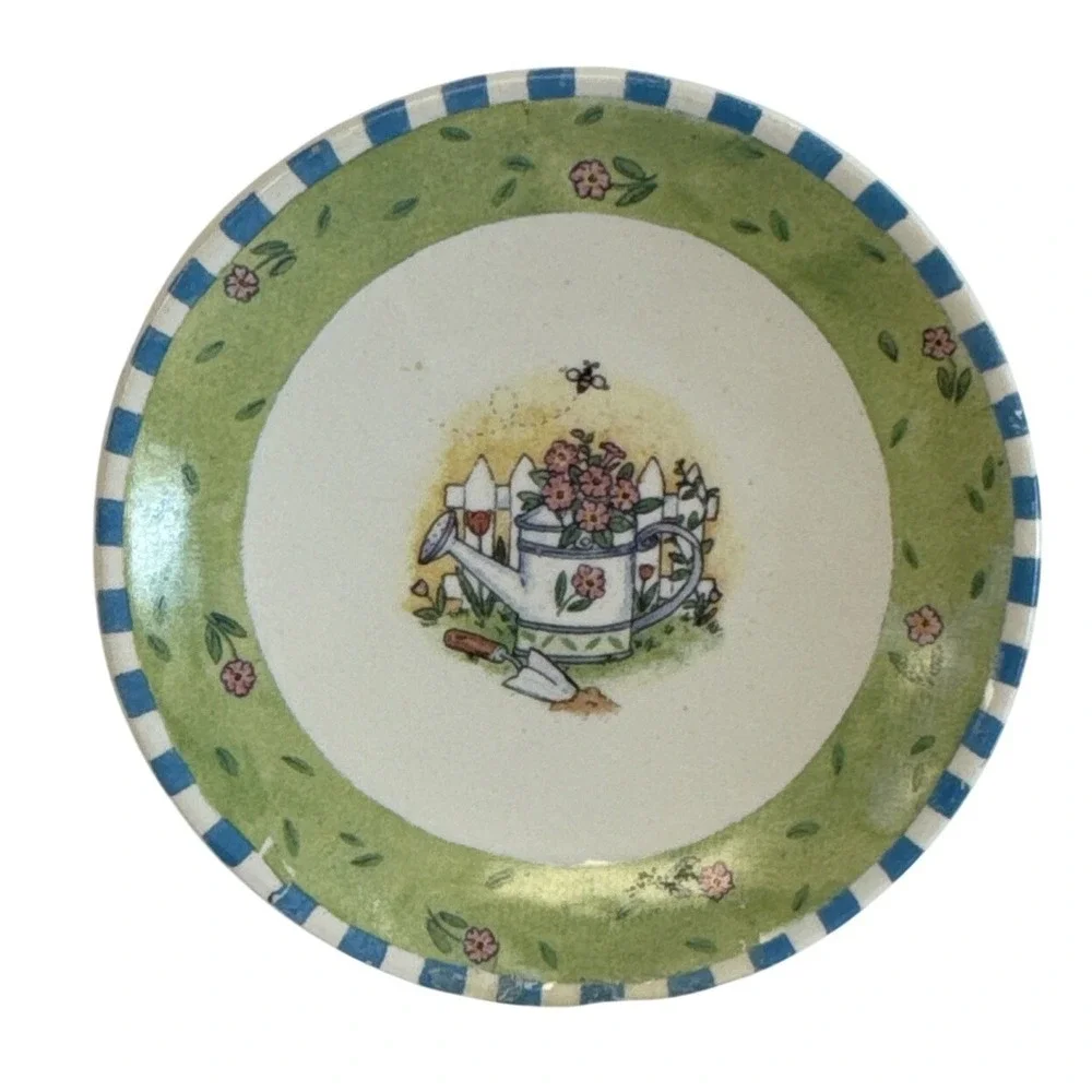 Ceramic Footed Candle‎ Plate Watering Can Floral Garden Blue Striped Rim 4